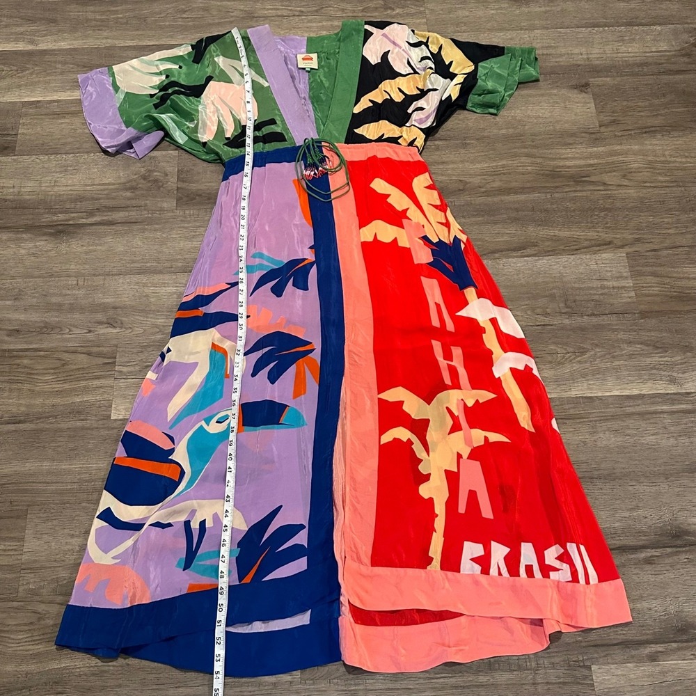 FARM Rio Dress XXS Mixed Print Toucan Palm Tree Colorblock V-Neck Brasil Viscose - Picture 10 of 15
